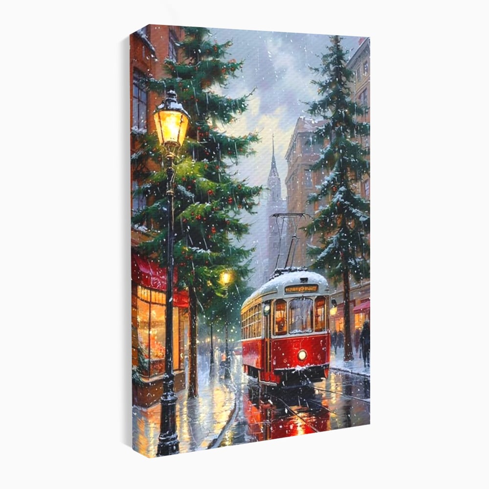 Tablou canvas cu pictura cu tramvai rosu in ninsoare, fara rama, pe sasiu de lemn